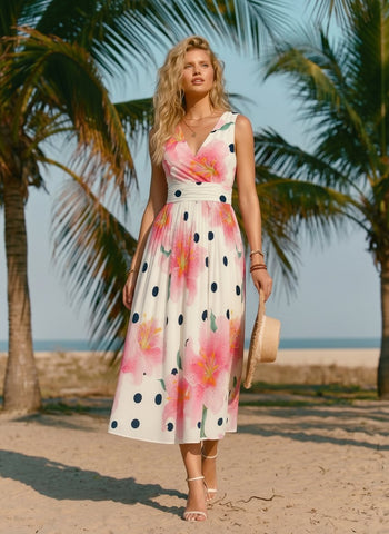 CORINNE
Floral Print V Neck A Line Midi Dress