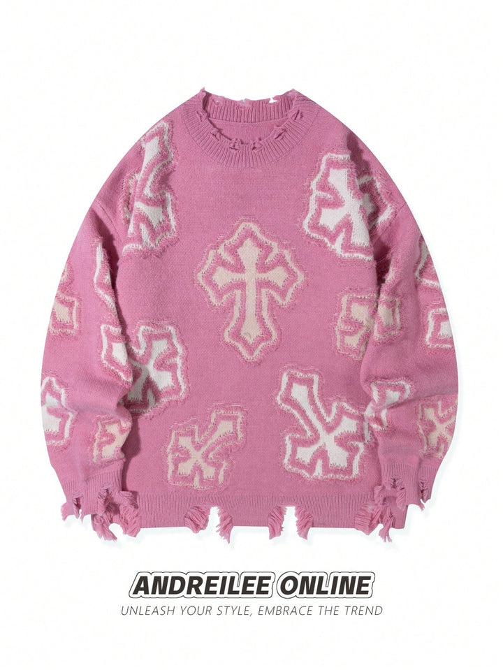 Distressed Gothic Cross Print Sweater