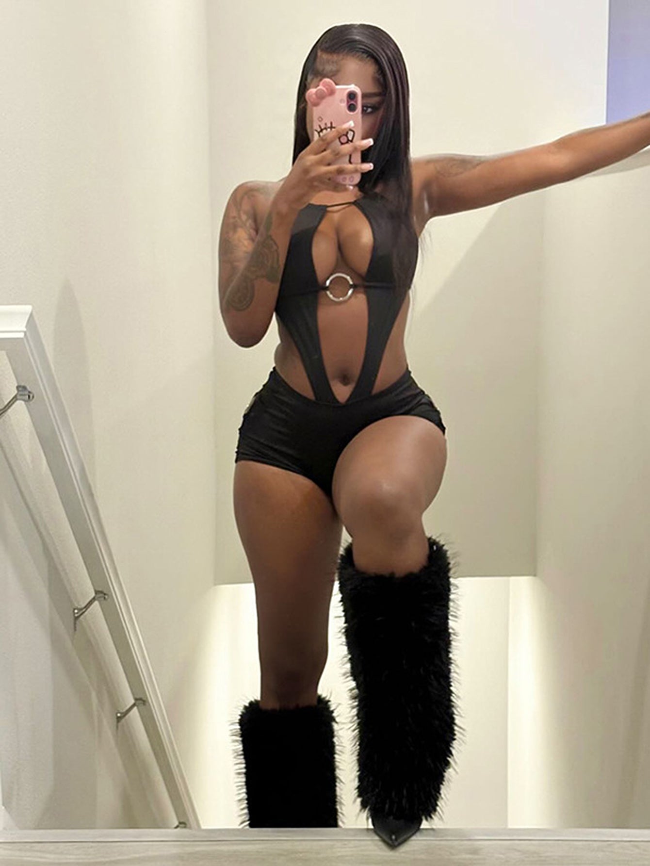 Halter Neck Metal Ring Detail Sexy Bodysuit