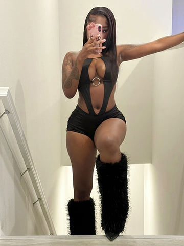 Halter Neck Metal Ring Detail Sexy Bodysuit