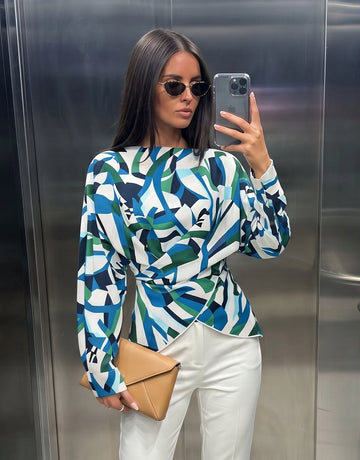 Abstract Print Draped Chiffon Blouse