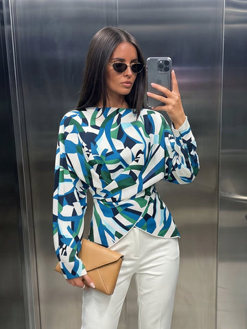 Abstract Print Draped Chiffon Blouse