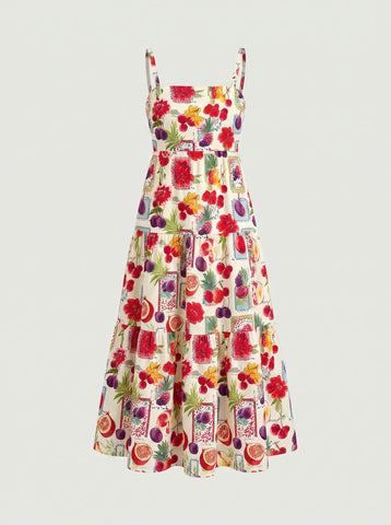 FLORA Floral Print Tiered Strap Midi Dress