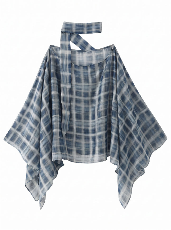 Plaid Chiffon Halter Neck Blouse