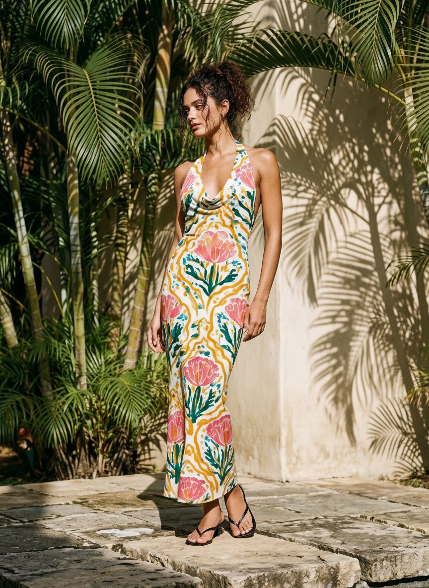 LILA Floral Print Cowl Neck Bodycon Midi Dress
