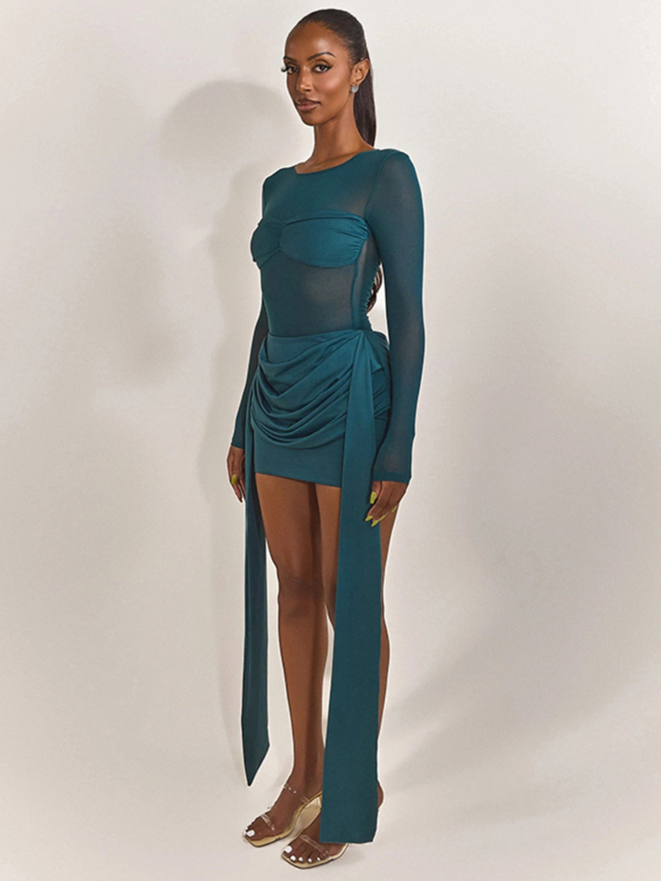 Sheer Mesh Ribbon Detail Elegant Mini Dress