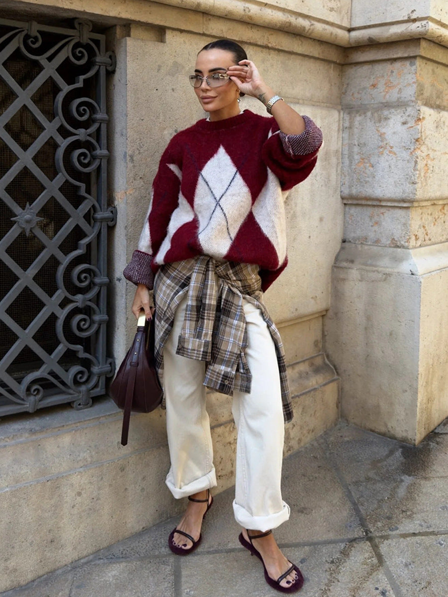 Oversized Argyle Fuzzy Knit Pullover Sweater