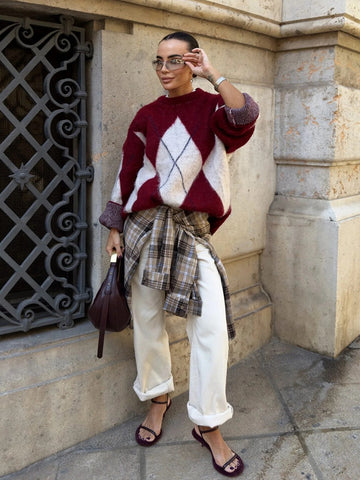 Oversized Argyle Fuzzy Knit Pullover Sweater
