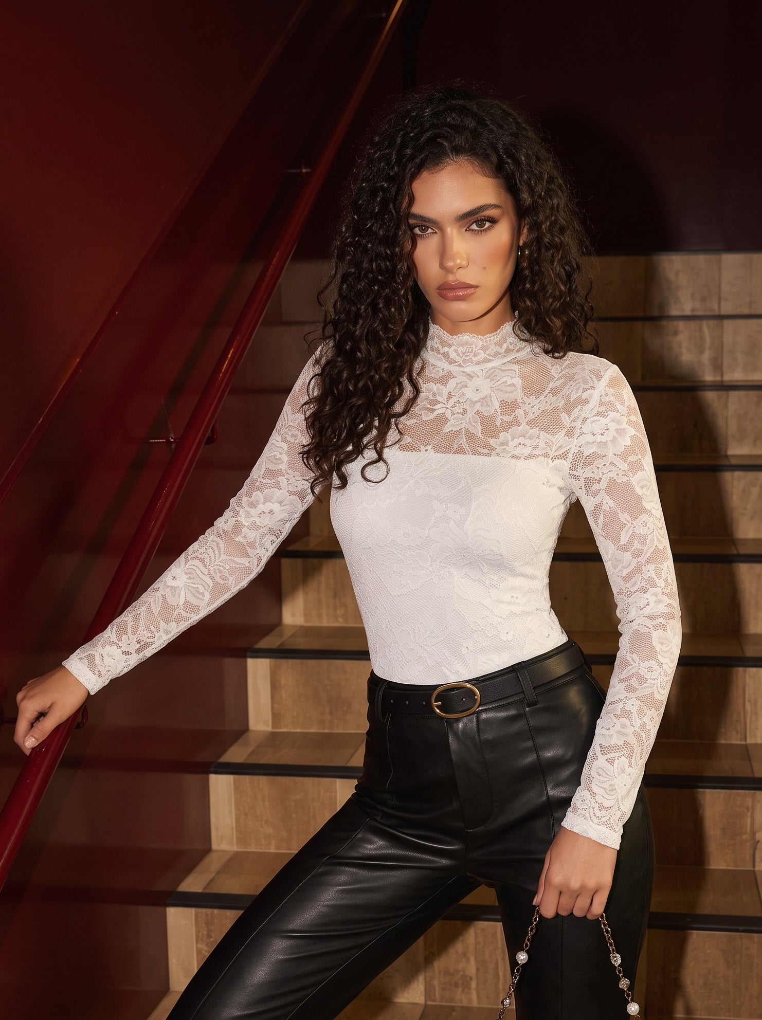 Sheer Floral Lace Mock Neck Top