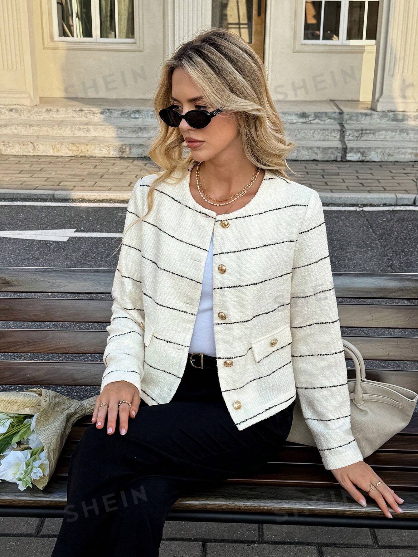 Elegant Striped Tweed Button Jacket