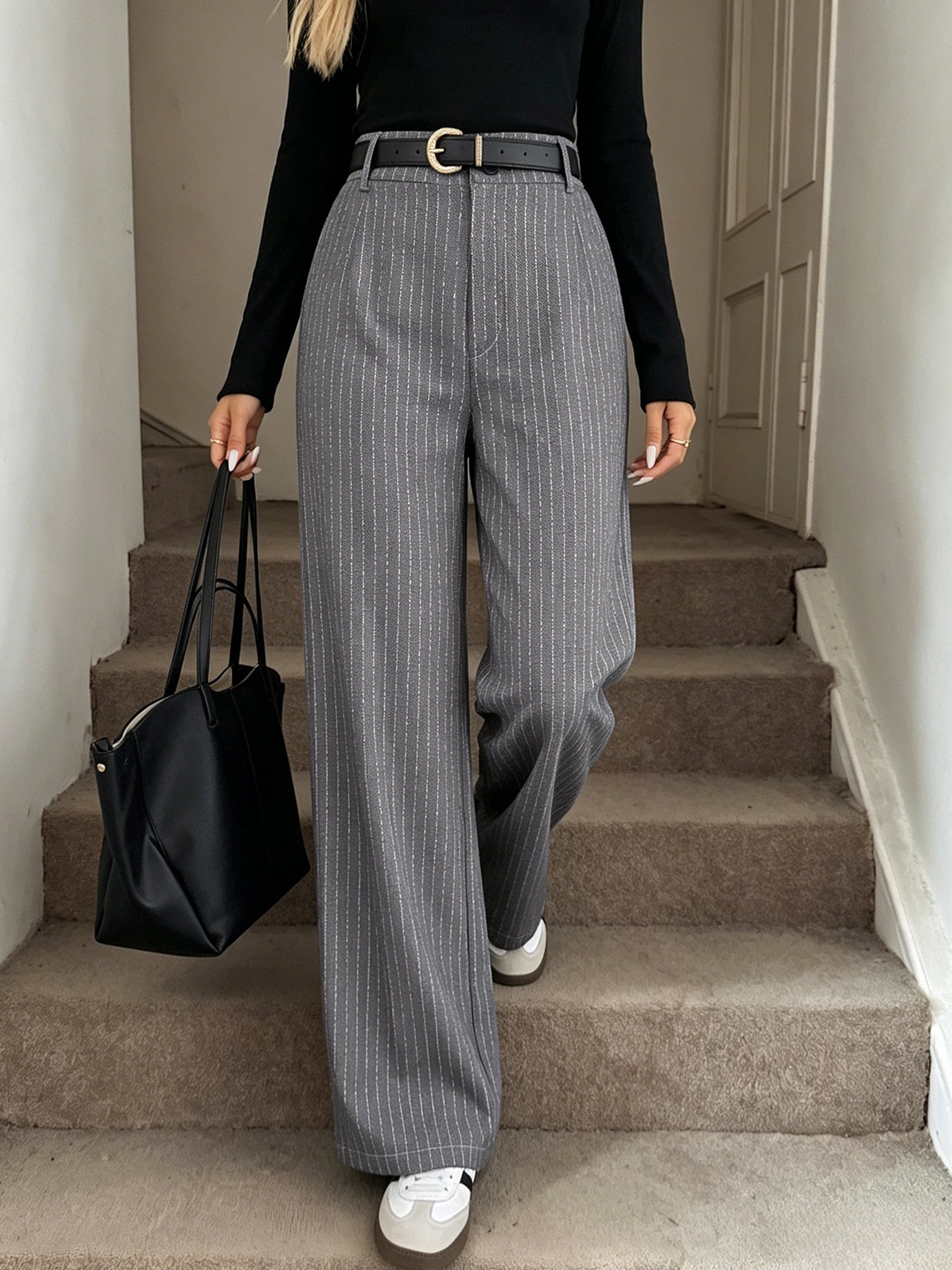 High Waisted Pinstripe Wide Leg Pants