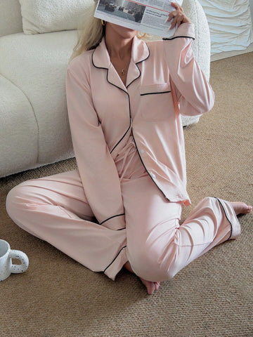Soft Satin Piping Pajama Sleepwear Set