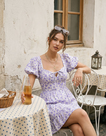 AYLA Floral Print Puff Sleeve Tiered Mini Dress