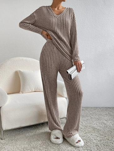 Cozy Ribbed V Neck Lounge Set