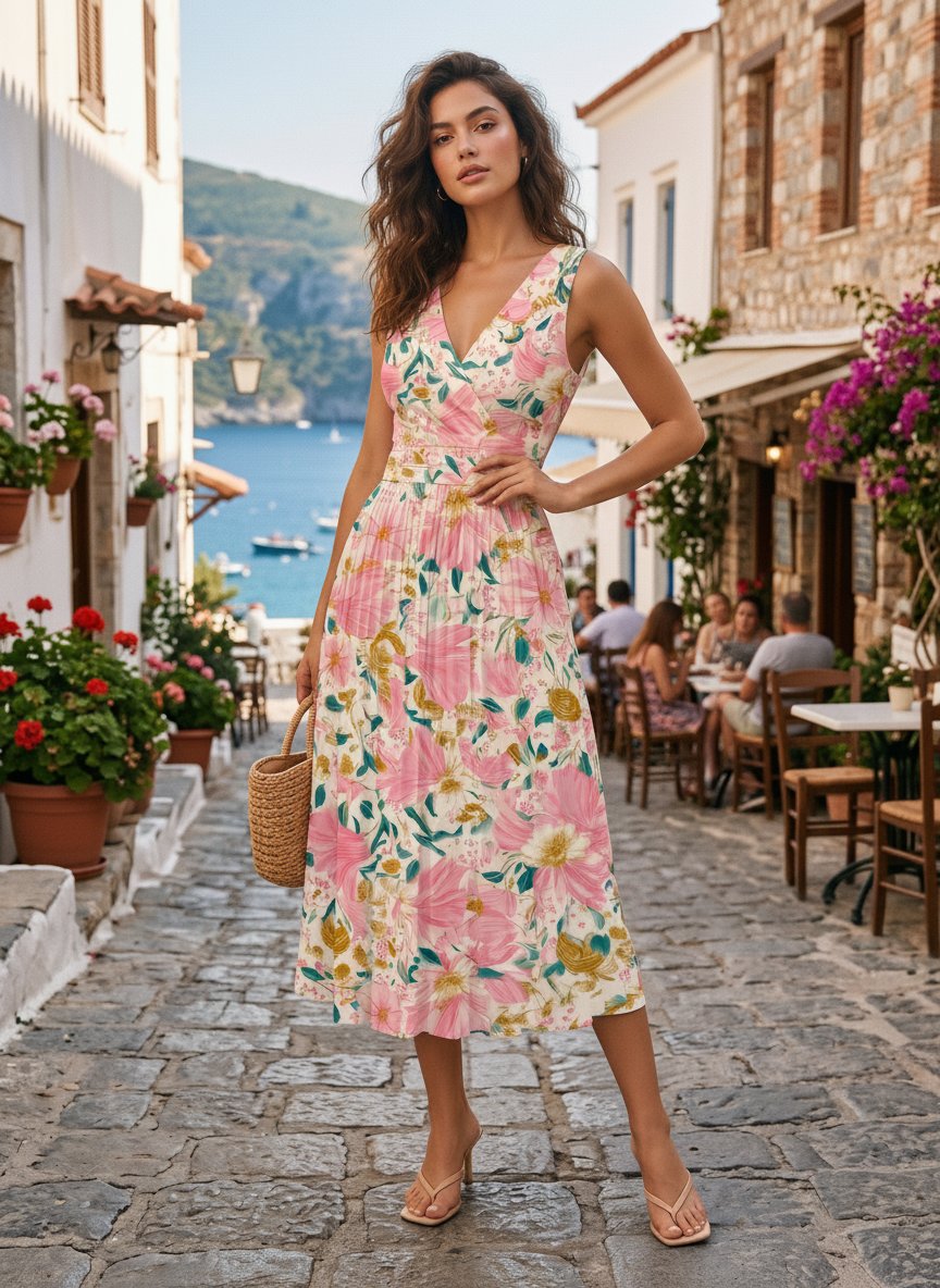 CORINNE
Floral Print V Neck A Line Midi Dress