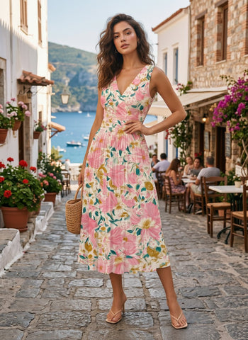 CORINNE
Floral Print V Neck A Line Midi Dress