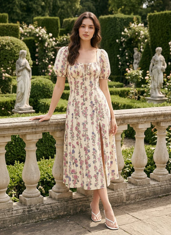 Floral Print Puff Sleeve Tie MidiDress