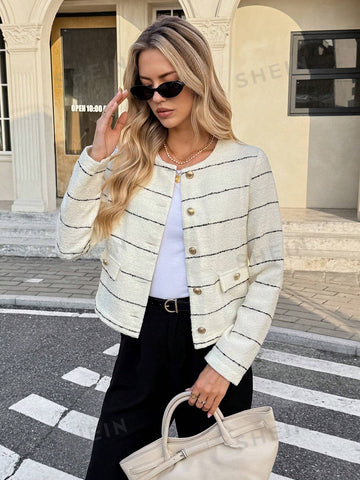 Elegant Striped Tweed Button Jacket
