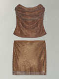 Sparkly Rhinestone Cowl Neck Skirt Set