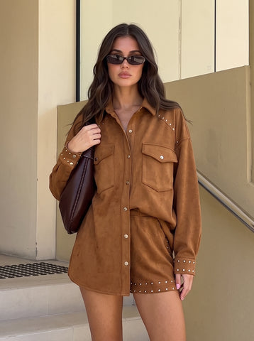 Studded Faux Suede Button Down Shirt