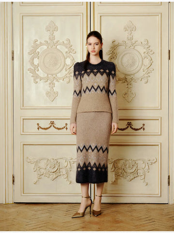 Fuzzy Geometric Pattern Knit Pullover Sweater