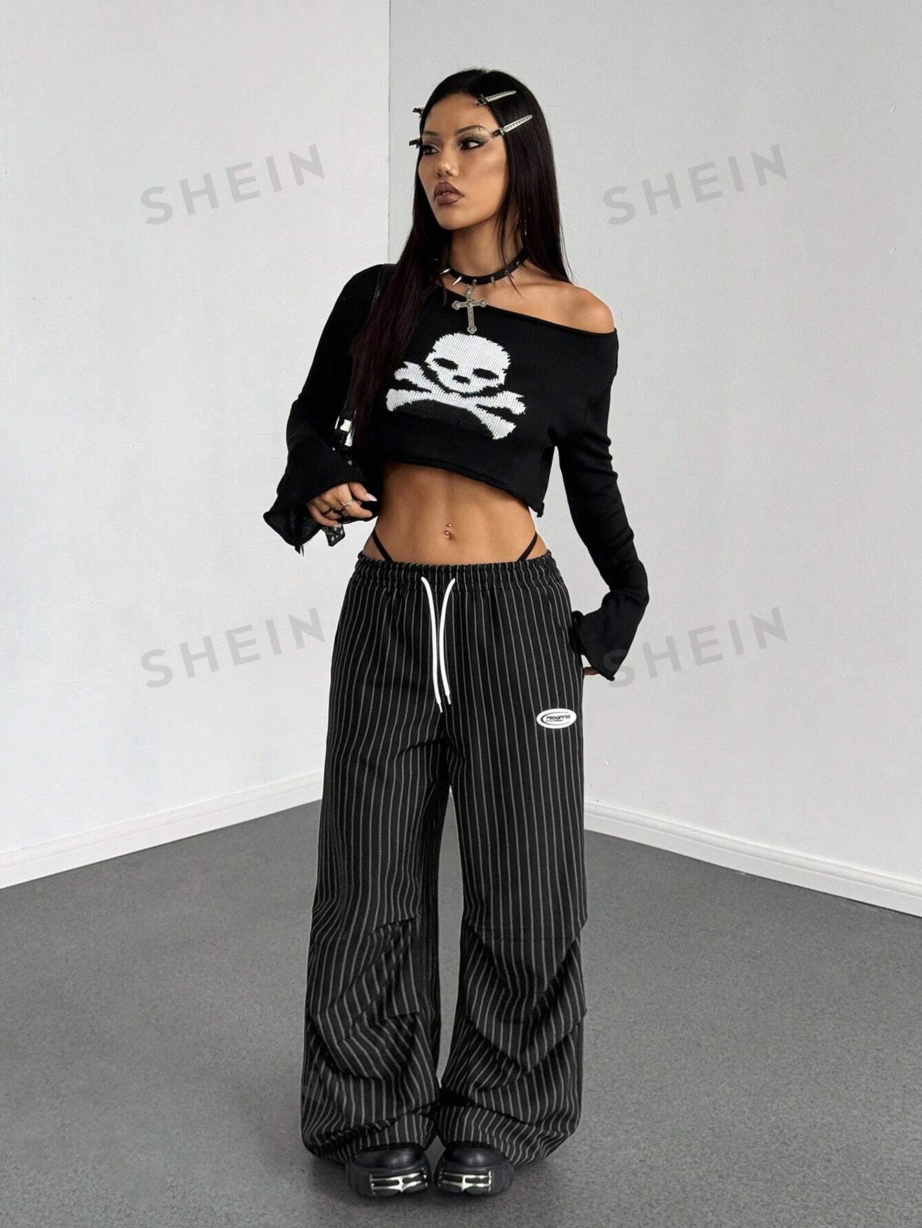Pinstripe Drawstring Baggy Wide Leg Pants