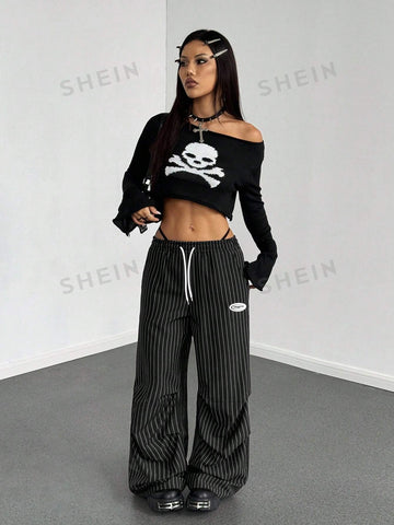 Pinstripe Drawstring Baggy Wide Leg Pants