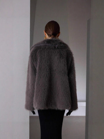 Luxurious Grey Faux Fur Coat