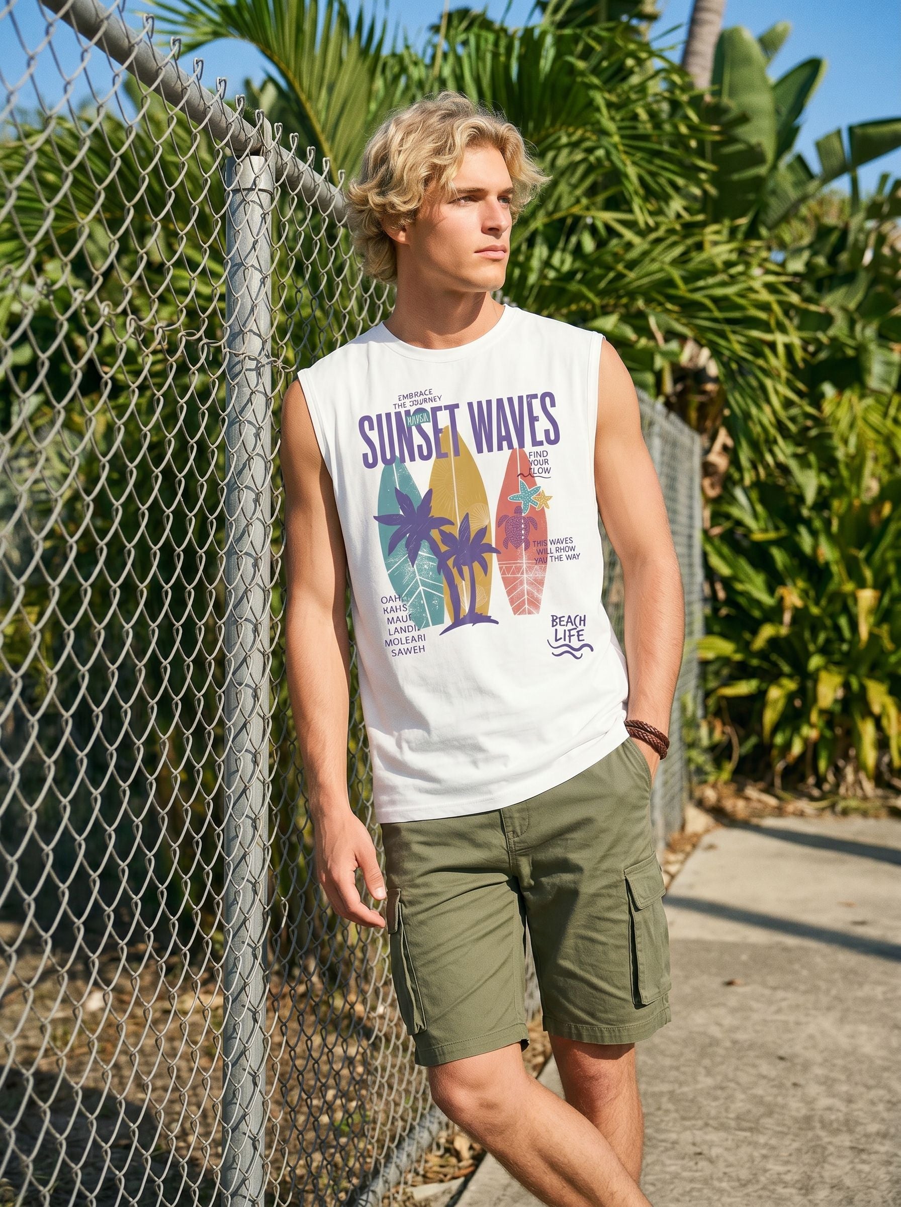 Graphic Sunset Beach Print Muscle Tank