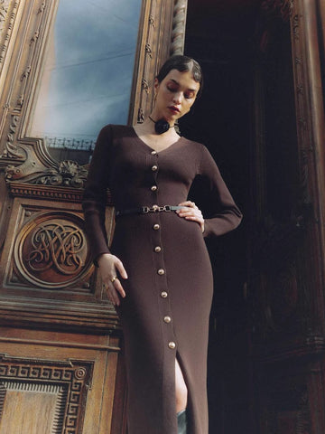 Elegant Button Down Ribbed Knit Dress
