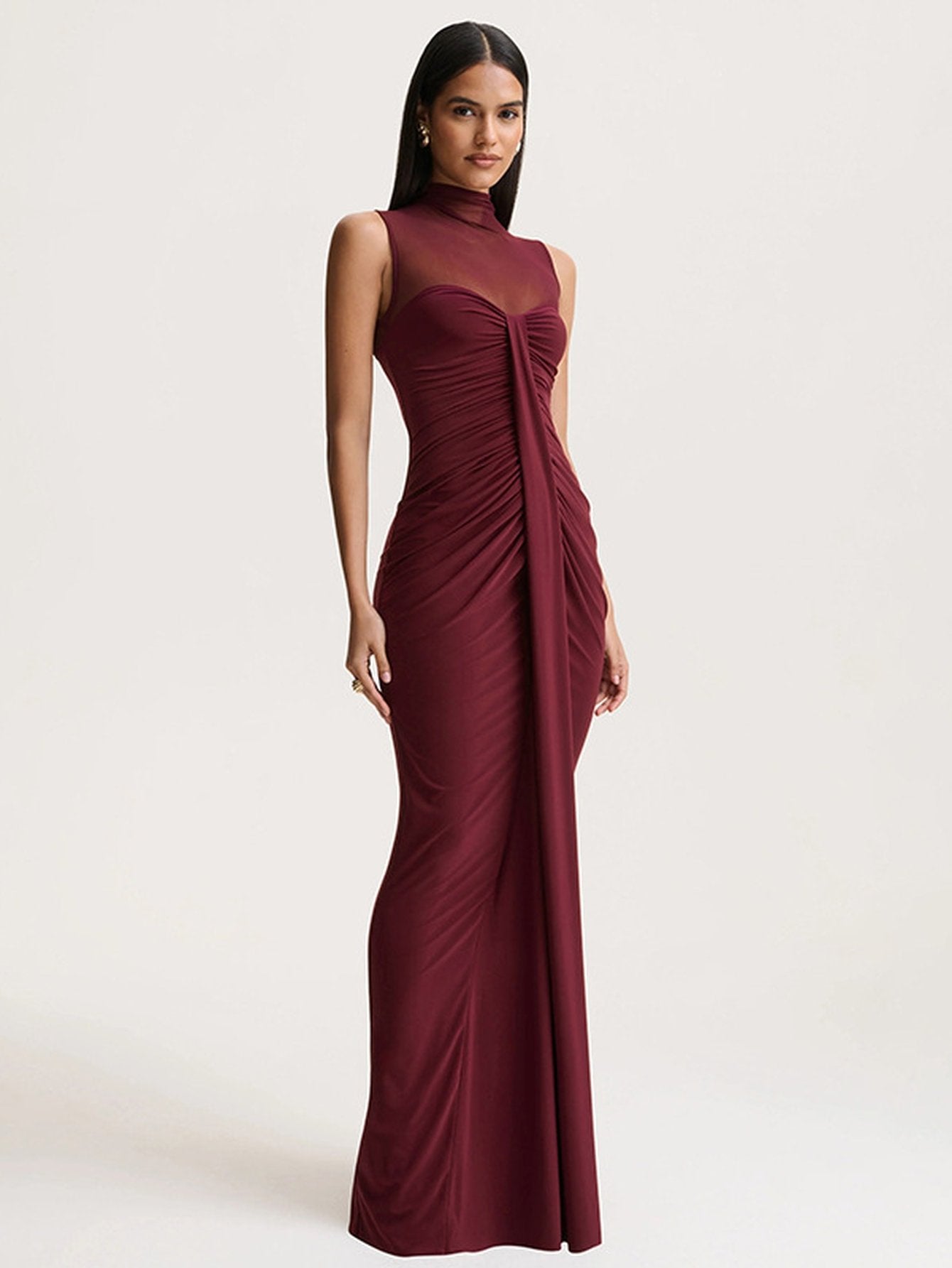 Mesh Mock Neck Ruched Maxi Dress