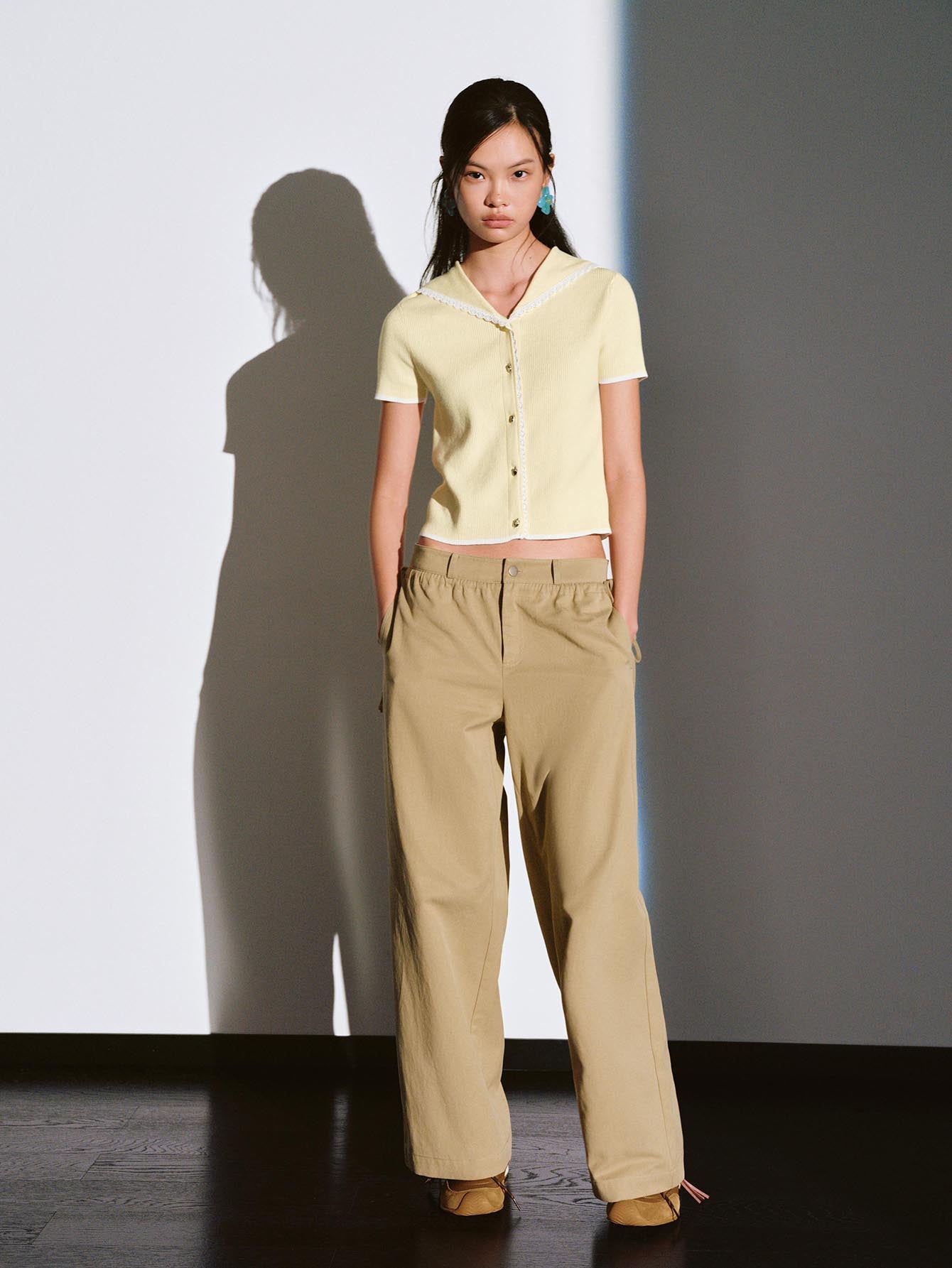 Urban Revivo Contrast Lace Trim Collared Knitted Cardigans-Navy Blue