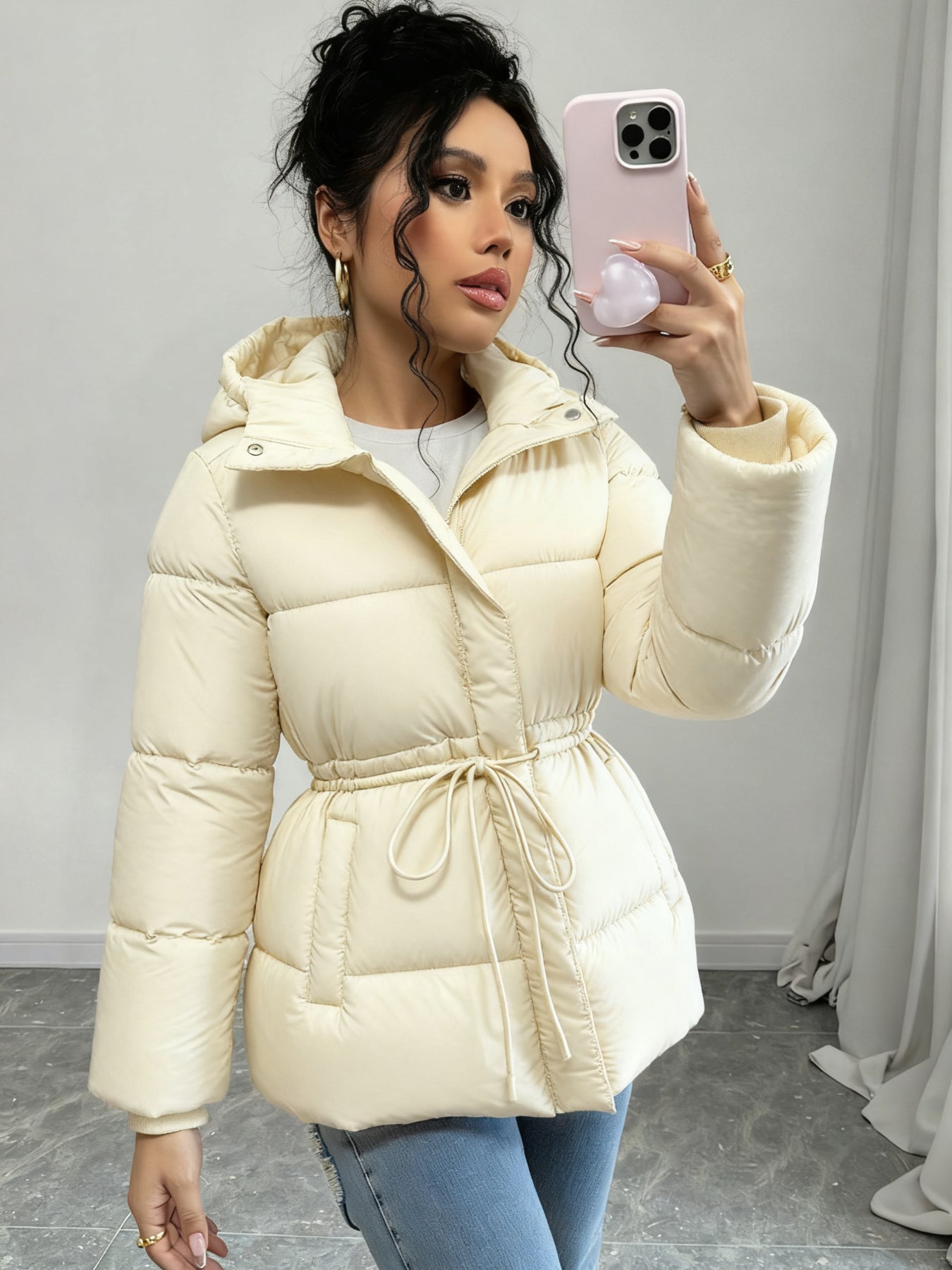 Cinched Waist Hooded Puffer Jacket