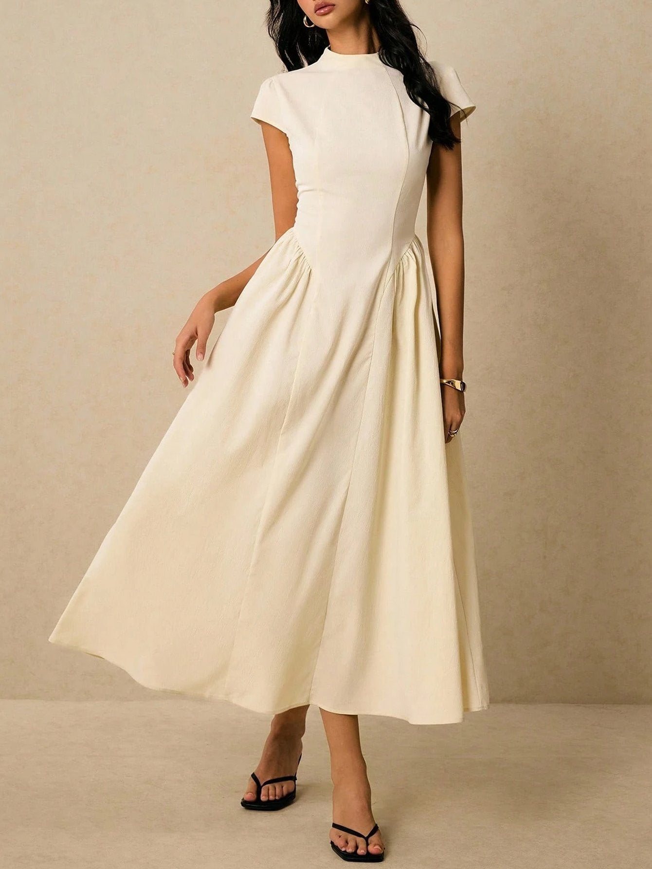 High-Neck Cap-Sleeve Draped Elegant Dress-Cream