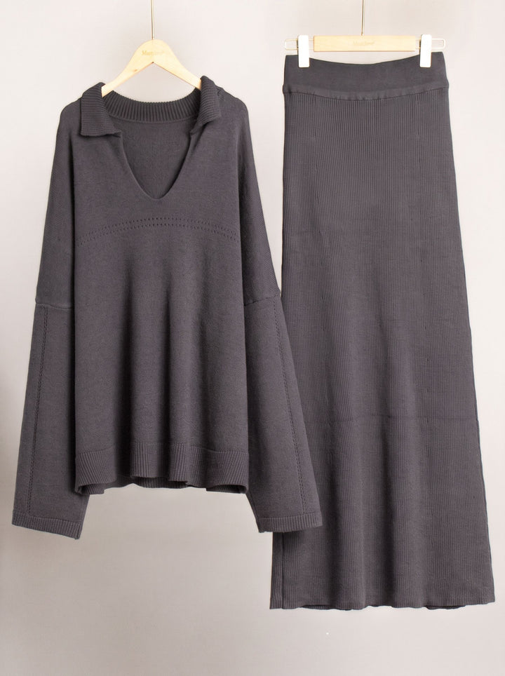 Cozy Collared Knit Sweater Skirt Set