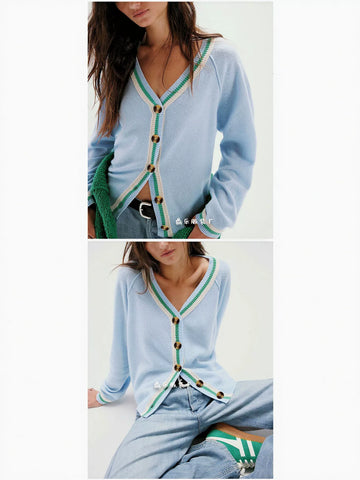 Cropped Varsity Trim Knit Cardigan