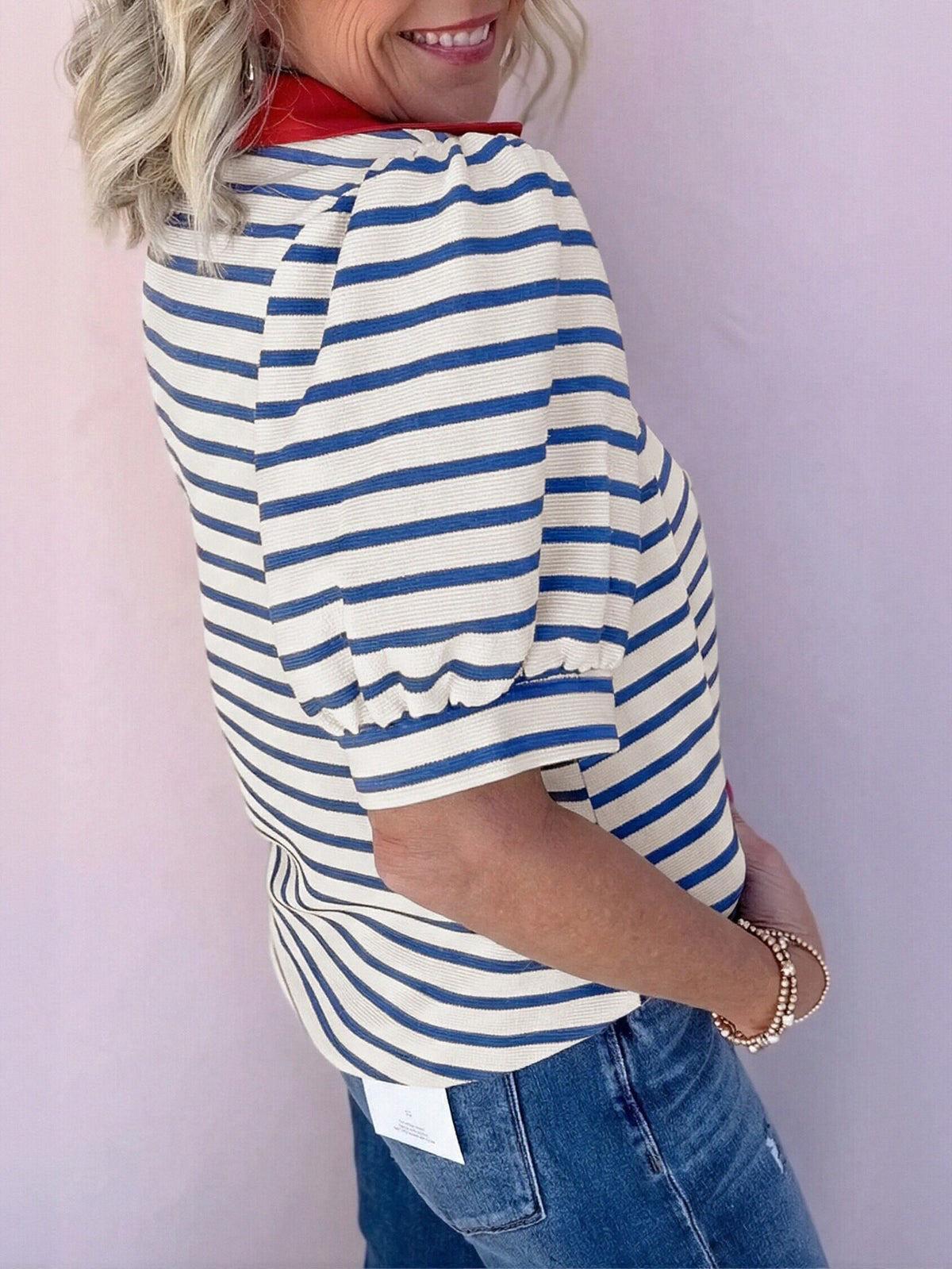 Puff Sleeve Striped Polo T Shirt