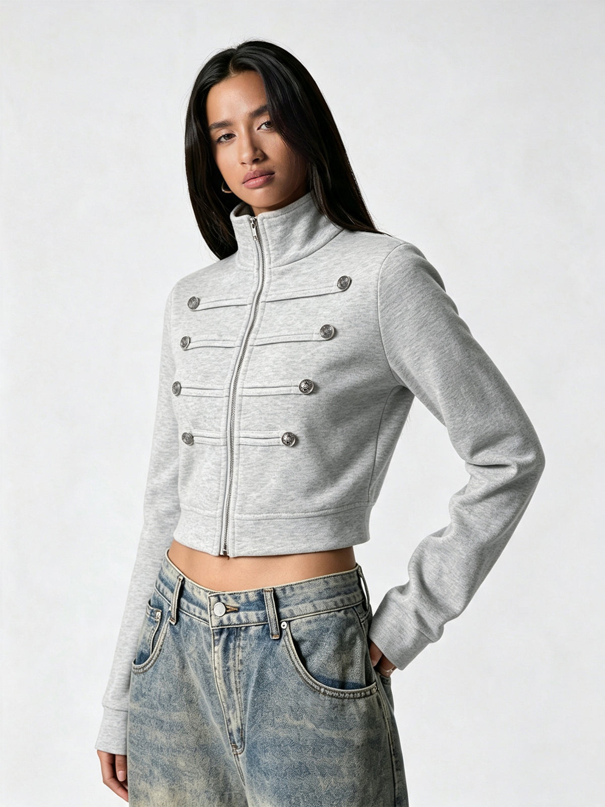 Cropped Military Style Zip Up Jacket