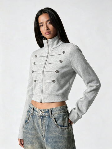Cropped Military Style Zip Up Jacket