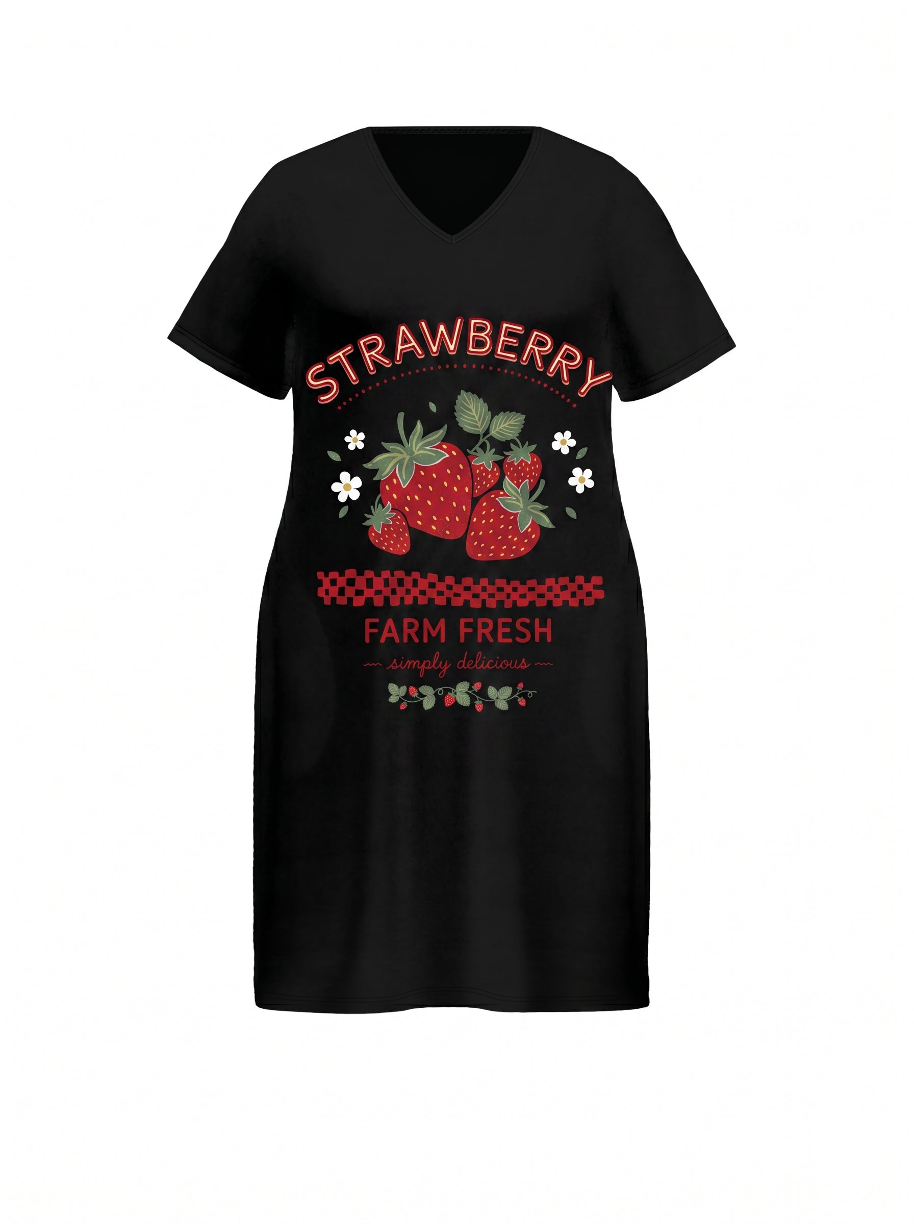 Casual Strawberry Print V Neck Dress