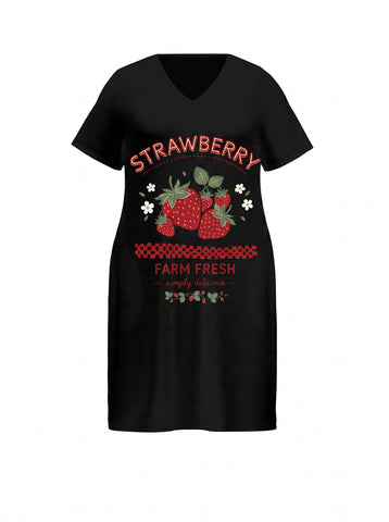 Casual Strawberry Print V Neck Dress