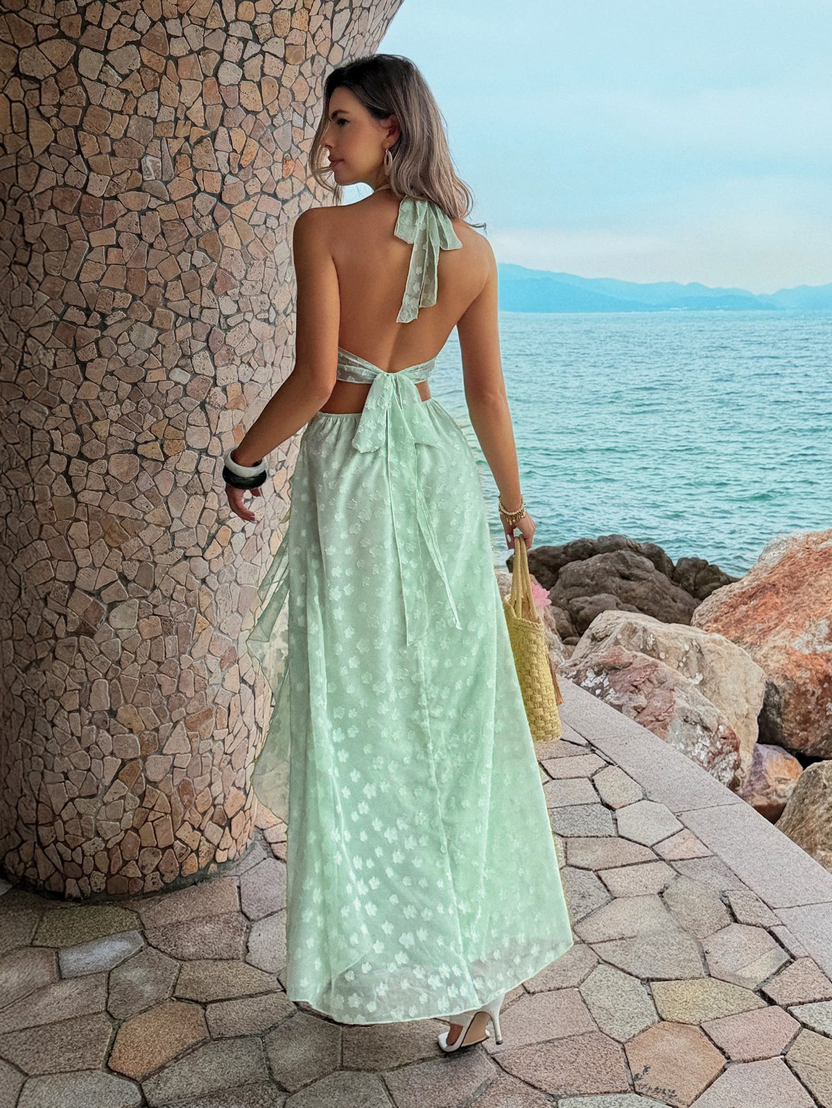 Cutout Halter Ruffle Maxi Dress