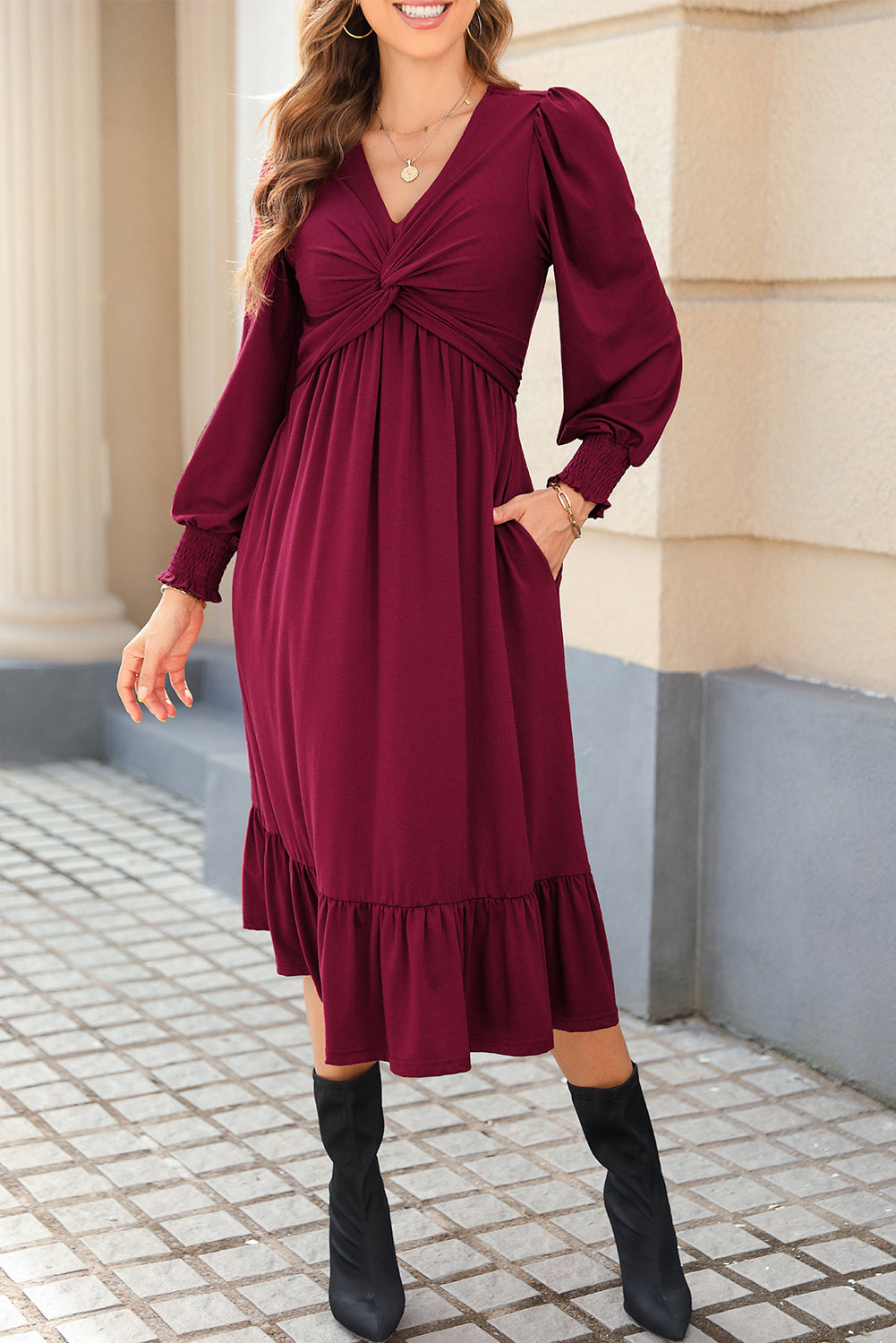 Twist Front Long Sleeve Midi Dress