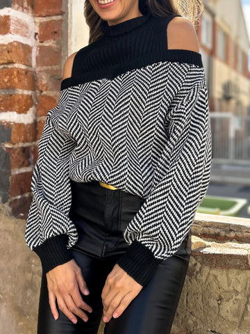 Cold Shoulder Herringbone Knit Sweater