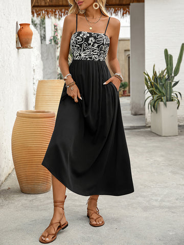 Side Slit Floral Strap Casual Midi Dress