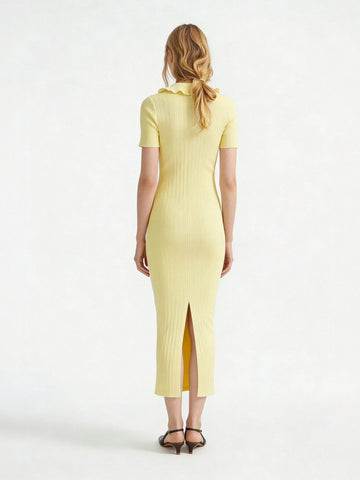 Collared Button-Front Office Lady Midi Dress