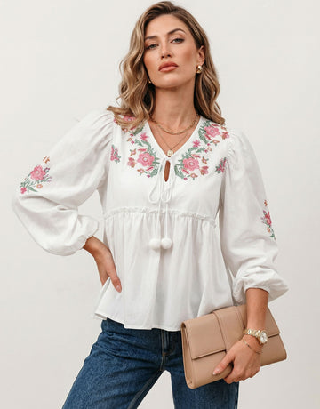 Floral Embroidery Drawstring Bohemian Blouse