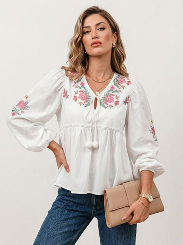 Floral Embroidery Drawstring Bohemian Blouse