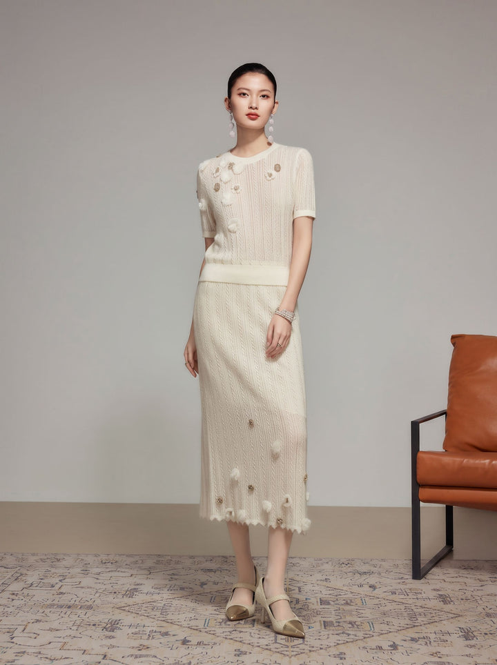 Embellished Cable Knit Midi Skirt