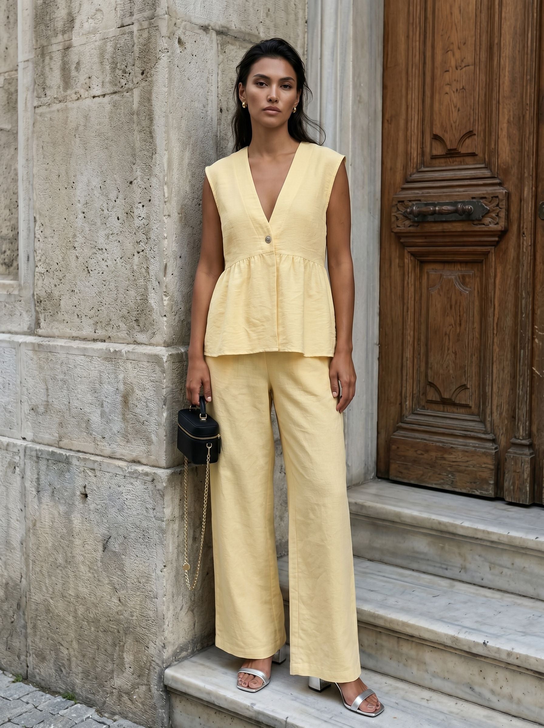 Sleeveless Peplum Linen Pants Set